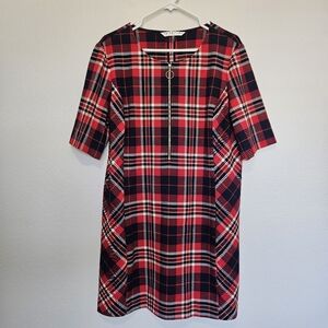 Trina Turk | Truett Plaid Sheath Dress Gold Zipper Front Red Black, Womens 14